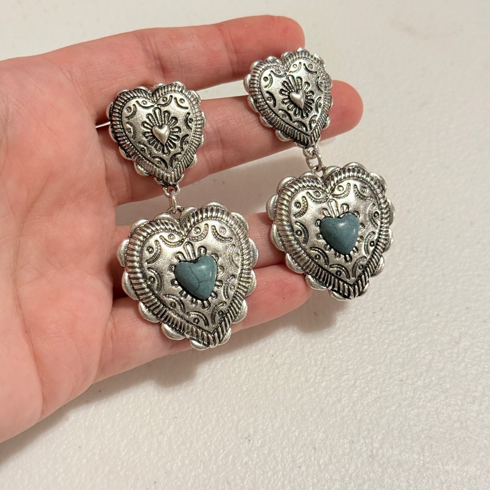 Western Silver Heart Drop Earrings with Turquoise Accents - Picture 3 of 7